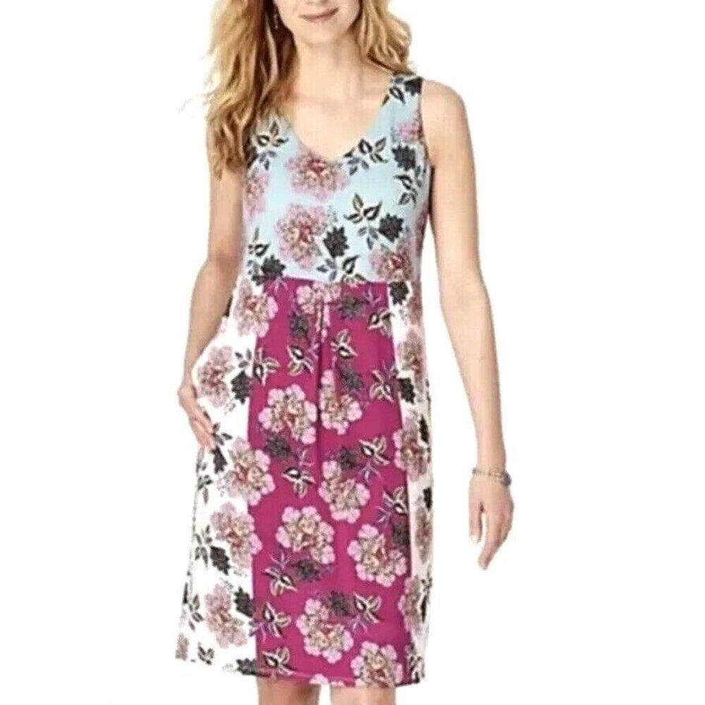 J. Jill Floral Colorblock Dress V Neck Sleeveless Side Pockets Stretch Size Smal